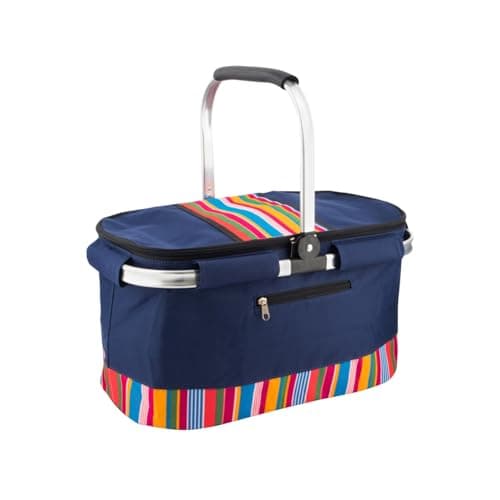 Image of HOMESHOPA 35 Litre Insulated Picnic Basket With Lid, Red Multi Stripe Foldable Thermal Cooler Bag Hard Liner, Upright Standing Box for Outdoor Camping, Travel, Portable & Collapsible Shopping Hamper