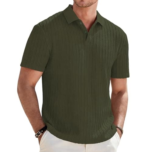 Image of Focixfor Men's Polo Shirts Short Sleeve Button Regular Fit Casual Golf Striped Shirt Dark Green XL