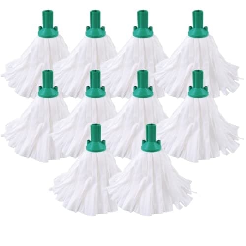 Image of Avern Exel Mop Heads BIG White Push Socket Fit Mop Heads (Pack Of 10) Disposable Super Absorbent Heavy Duty Mops - Colour Coded - Robert Scott (Green (10 Pack))