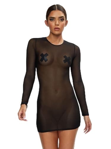Image of Ann Summers Visionary Dress – Long Sleeve Womens Mesh Mini Dress – Daring Bedroom Outfit or Party Festival Wear for Women Black