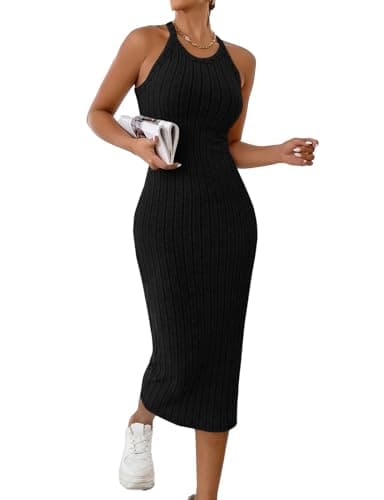 Image of Sthxyfaith Womens Summer Dress Rib Sleeveless Knit Striped Print Halter Neck Wedding Guest Dresses Bodycon Mini Dress for Women Black Small