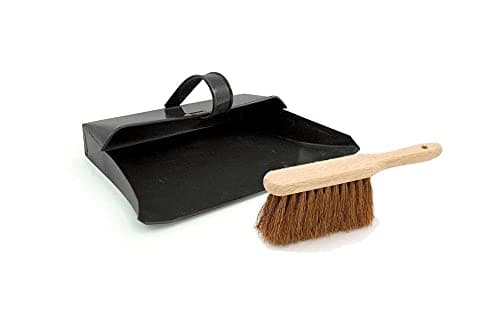 Image of Srendi® Large Strong Metal Dustpan and Brush Set Soft or Stiff Brush Black Dust Ash Pan Coco Fibre Hand Brush Heavy Duty Solid FSC Wood, Sweeping and Scrubbing Wooden Brushes (Dustpan with Soft Brush)