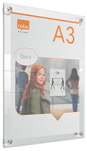 Image of Nobo A3 Acrylic Wall Mounted Repositionable Poster Frame, Frameless, Portrait/Landscape, Suction Cup Pad Mounting, Premium Plus, Clear, 1915599