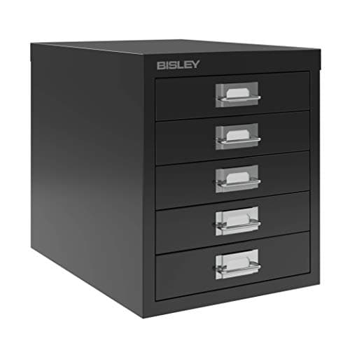 Image of Bisley 5 Drawer Desktop Cabinet - Small Filing Cabinet or Office Desk Organiser Perfect for A4 Document Filing and Stationery Storage in the Home Office. Iconic Metal Multi Drawer Design. (Black)