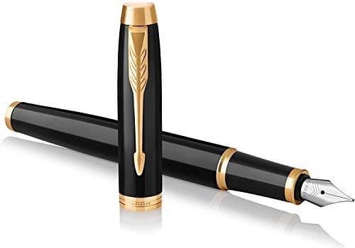 Image of Parker IM Fountain Pen | Black Lacquer with Gold Trim | Medium Nib with Blue Ink Refill | Gift Box