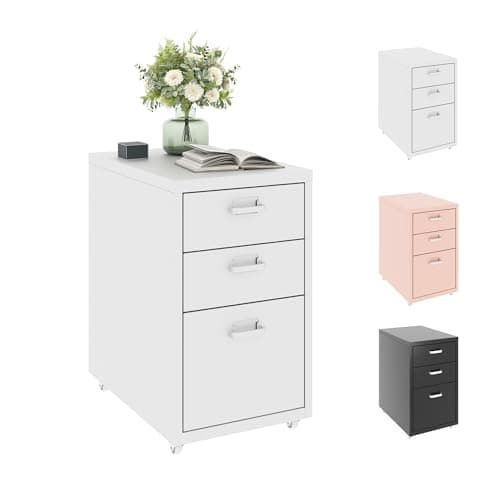 Image of FLEXISPOT Mobile File Cabinet with 3 Drawers, Rolling Filing Cabinet with Wheels,Under Desk Office Storage for Home & Office (White)
