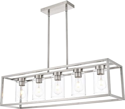 Image of A1A9 Farmhouse Chandeliers for Kitchen Island, Brushed Nickel Dining Room Lighting Fixture, Modern Rectangular Pendant Lights Chandelier with Clear Glass Shade (Nickel, 5-Lights)