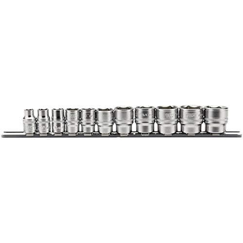 Image of Draper 16493 3/8-Inch Square Drive Imperial Socket 11 Piece Set on Metal Rail , Blue