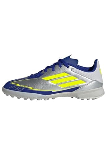 Image of adidas Unisex Kids F50 League Football Boots Turf, Silver Metallic/Solar Yellow/Lucid Blue, 5.5 UK