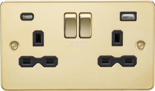 Image of 13A 2G SP Switched Socket with Dual USB A+C (5V DC 4.0A shared) - Polished Brass with Black Insert