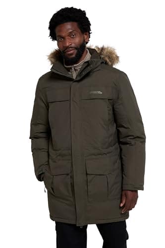 Image of Mountain Warehouse Antarctic Extreme Down Mens Waterproof Jacket - Quick Drying & Breathable Puffer Coat with Adjustable Waist - Ideal for Travelling, Outdoors Dark Khaki S