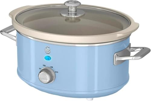 Image of Swan Retro Slow Cooker with 3 Temperature Settings, Removable Dishwasher Safe Ceramic Pot and Glass Lid, 3.5L, Blue, SF17021BLN