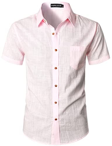 Image of PARKLEES Men's Fitted Cotton Linen Casual Short Sleeve Button Up Shirts Lightweight Beach Tops with Pocket EU-PZLSC34-Pink Medium