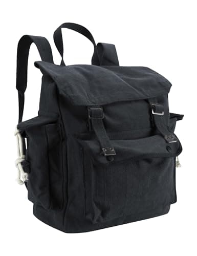 Image of Vintage Canvas Backpack Webbing Rucksack 100% Cotton Army Style Satchel with Side Pockets - Work Travel School Bag - Black