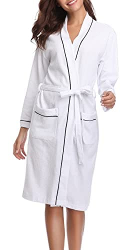 Image of Vlazom Waffle Dressing Gowns Unisex Kimono Robe Cotton Lightweight Bathrobe for All Seasons Spa Hotel Sleepwear, White-style a, L