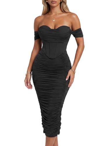 Image of CurvySweet Women's Off The Shoulder Midi Dress Built-in Bra Ruched Corset Bodycon Formal Night Out Cocktail Party Dresses Black