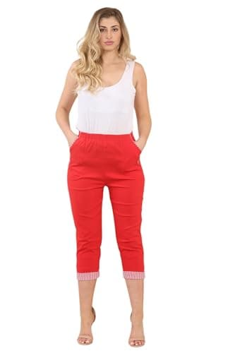 Image of GOSTYLES® Womens Cherry Berry Turn Up Stripe Cropped 3/4 Length Trouser, Ladies Stretch Fit Elasticated Waist Summer Capri Pants (Red, 12)