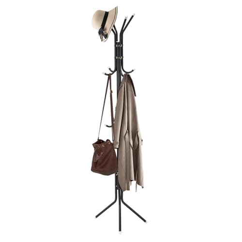 Image of CROWNSHOP Coat Rack Stand Modern Clothes Rack Metal Hanger with 12 Hooks Coat Stand 3 Tier Freestanding Storage Holder Hat Handbag Jacket Umbrella Hanging Organiser for Living Room Bedroom Black 175CM