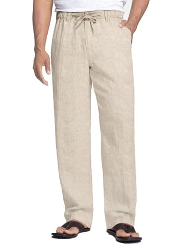 Image of COOFANDY Men's Linen Trousers Casual Summer Drawstring Trousers Linen Beach Leisure Pants with Elasticated Waist Loose Fit Big and Tall Pants Lightweight Breathable Khaki L
