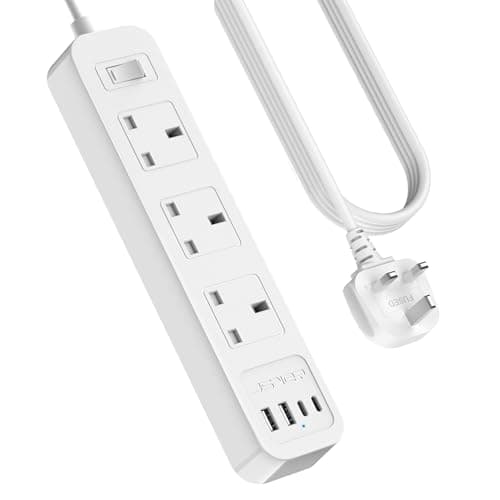 Image of JSVER Extension Lead USB C, Power Socket with 3 Way and 4 USB Fast Charging Station(2 Type C and 2 USB-A) Power Strip 3250W 13A with 3M Power Cord for Home and Office-White