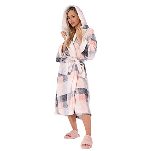 Image of Dreamscene Dressing Gown Womens, Mothers Day Gifts Winter Check Tartan Print Bathrobe with Hood & Pockets Sherpa Flannel Fleece Soft Warm Fluffy Ladies Dressing Gowns, Blush Pink One Size