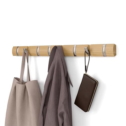 Image of Umbra Flip Wall-Mounted Coat Rack with 8 Hooks – Modern, Space-Saving Storage for Hats, Jackets, Bags, Entryway, Mudroom, Closet, Bathroom, Bedroom – Natural/Nickel