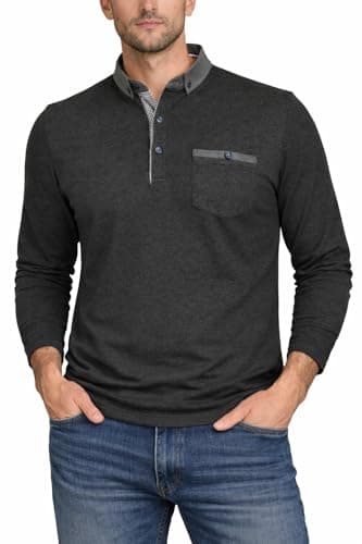 Image of Xact Men's Long-Sleeved Polo T-Shirt, 100% Cotton Pique, Slim Fit, Contrast Button-Down Collar (Charcoal) L