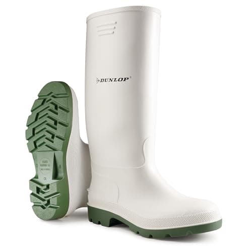 Image of DUNLOP Pricemastor - Unisex Knee High Wellington Rain Boots, White, CE Certified Waterproof and Chemical Resistant PVC Wellies with Oil Resistant Outsole for Outdoor and Gardening - EU42, UK8