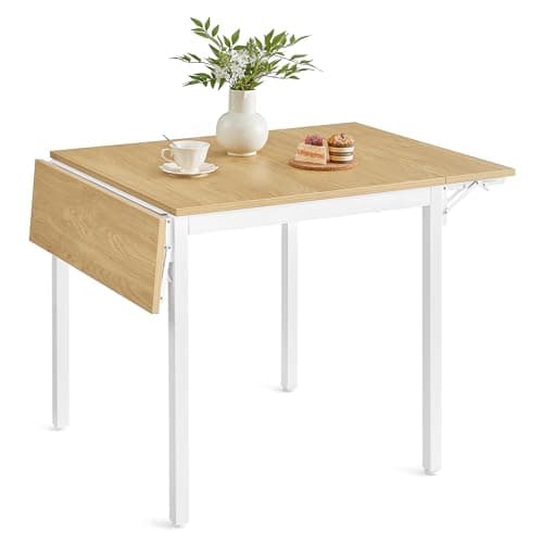 Image of VASAGLE Folding Dining Table, Drop Leaf Extendable, for Small Spaces, Seats 2-4 People, Industrial, 78 x 120 x 76.2 cm, Natural Oak and Cloud White KDT077Y01