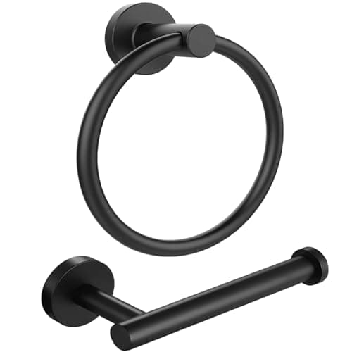 Image of Toilet Roll Holder Towel Ring, Wall Mounted Classic Toilet Paper Holder, 2 Pieces Matte Black 304 Stainless Steel Bathroom Accessories