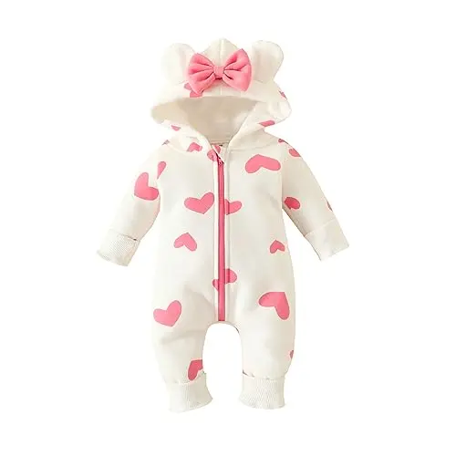 Image of Carolilly Baby Girls Romper Winter Warm Infant Baby Jumpsuit Romper Bear Ear Snowsuit Newborn Hooded Romper Warm Coat Heart/Cow Pattern Long Sleeve Zipper Romper Daywear(Pink White Heart, 0-3 Months)