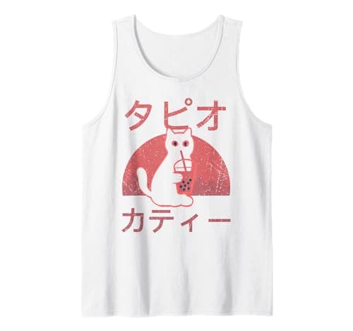 Image of Retro Japanese Cat Drinking Boba Anime Style Women Men Teen Tank Top