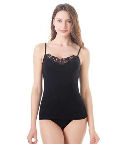 Image of Womens Plain Lace Camisole with Premium Cotton Solid Vest V Neck Sleeveless Italian Design Ultra Soft (946-Black, XXL)