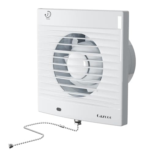 Image of Cazooo 100mm Bathroom Extractor Fan with Timer and Pull Cord, 12W 130m³/h Silent Bathroom Fan, Wall/Window Mounted Extractor Fan for Kitchen Toilet Office, 34 dB, White
