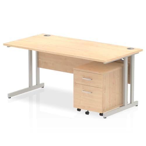 Image of OPO Impulse Freestanding 1600mm Rectangular Workstation Desk Cantilever Leg with 2/3 Drawer | Sturdy Build Weather & Heat Resistant Melamine Finish Maple Silver 2 Drawer