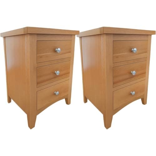 Image of Home Furniture Group Ltd Nordale Light Oak Pair of 3 Drawer Bedside Cabinets – Slim Solid Wood Nightstands with Brushed Metal Handles, Fully Assembled Bedroom Units, 42cm Wide Compact Storage