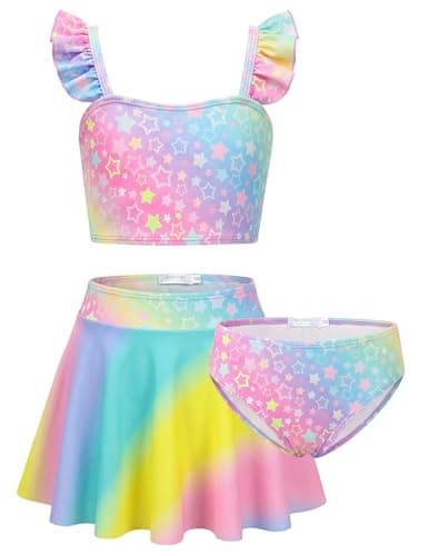 Image of Arshiner Girls' Bikini Set 3 Pieces Children's Flowers Mermaid Swimsuit Ruffle Tankini with Skirt Swimwear Swimsuit 5-12 Years, rainbow, 7-8 Years