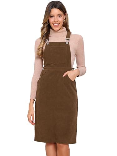 Image of Allegra K Corduroy Overall Dress for Women Midi Length Adjustable Straps Pockets Square Neck Casual Pinafore Dress Brown L
