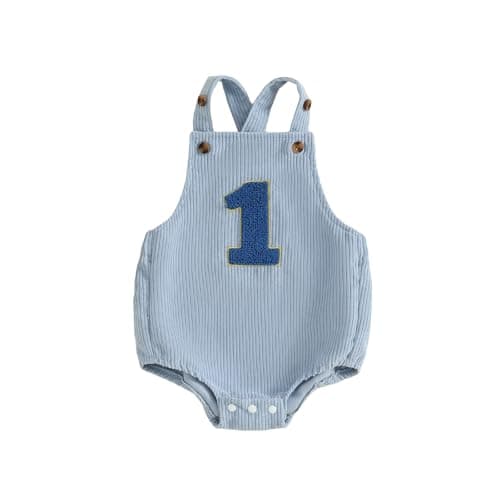 Image of Qianderer Unisex Baby Boy First Birthday Outfit Sleeveless Corduroy Overalls Letter One Cake Smash Romper for 1st Birthday Party (Ba Blue, 6-12 Months)