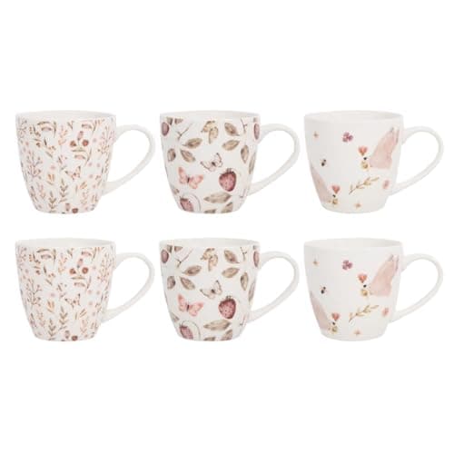 Image of YöL Set of 6 Floral Strawberry Mugs, Bees Butterflies Design - 11 Ounce 340ml Tea Coffee Cups Latte Cappuccino Hot Chocolate Drinks - Home Kitchen Work Office Mug Set -New Bone China