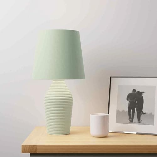 Image of New Luna Stoneware Table Lamp – Sage Green Ceramic Base with Ribbed Satin Glazed Stonewash Finish & Fabric Shade | Modern Bedside or Living Room Lighting M-78