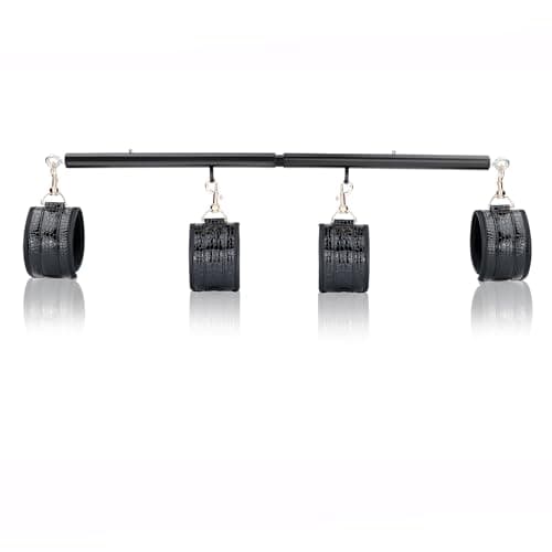 Image of Black Adjustable Exercise Stainless Steel Spreader Bar with 4pcs PU Crocodile Black Adjustable Straps, Yoga Training Fitness Gear, Workout Bar,Sports Gym Kit (Black+Black Crocodile PU Kit)