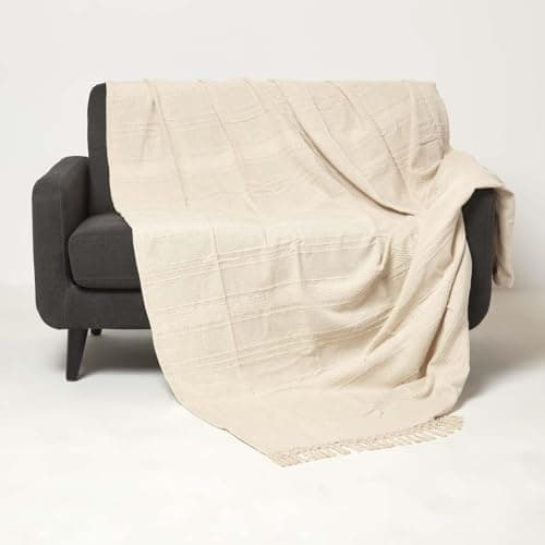 Image of HOMESCAPES Handwoven Natural Throw 150 x 200 cm Textured 100% Cotton Throw Blanket with Tassels Lightweight All Season “Kashi” Bed or Sofa Throw