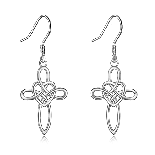 Image of YFN Sterling Silver Celtic Knot Dangle Earrings - Good Luck Irish Vintage Dangles for Women (Silver-Celtic Cross Earrings)