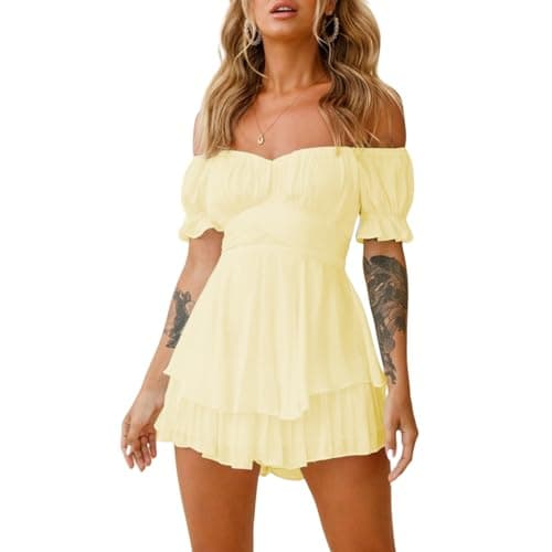 Image of L&ieserram Women's Loose Short Jumpsuit Solid Color Lantern Short Sleeve Off-shoulder Ruched Ruffled Playsuit (Yellow, L)