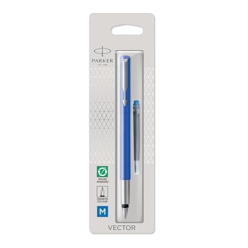 Image of Parker Vector Fountain Pen | Blue with Chrome Trim | Medium Nib | Blue Ink | Hangtab