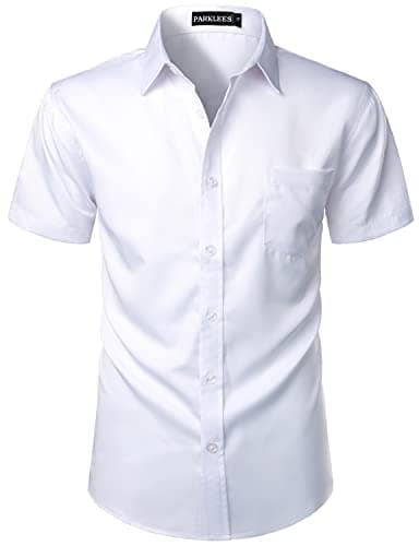 Image of PARKLEES Mens Casual Urban Stylish Slim Fit Short Sleeve Button Up Dress Shirt with Pocket ZLSC15 White L