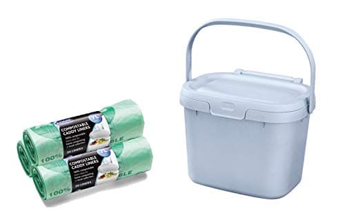 Image of Addis Eco Recycled Kitchen Food Caddy Bin, Light Grey, with 60x 100% Compost Bags (3 Rolls of 20 Liners)