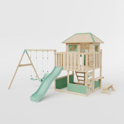 Image of Waltons Wooden Outdoor Kids LittleSummit Large Tower Playhouse with Double Swing & Toddler-Friendly Features | Pressure-Treated Timber Garden Playset for Children | Handmade in the UK