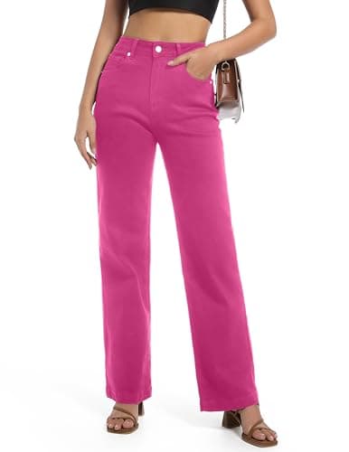 Image of Guaile Women's Jeans High Waisted Straight Leg Stretchy Jeans Trendy Wide Leg Tummy Control Loose Casual Denim Pants, Hot Pink, 14